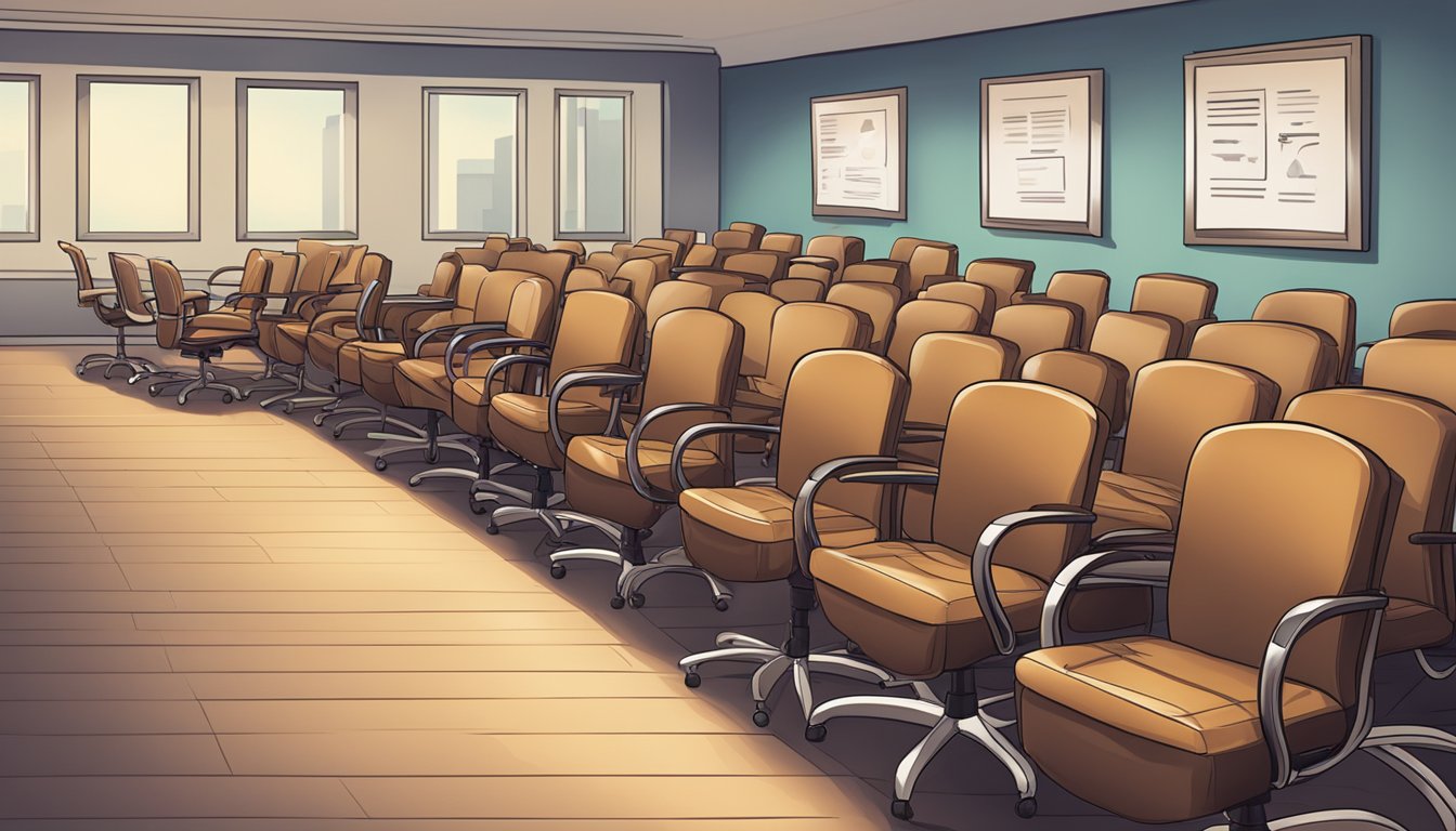A row of leather office chairs with "Frequently Asked Questions" signs nearby