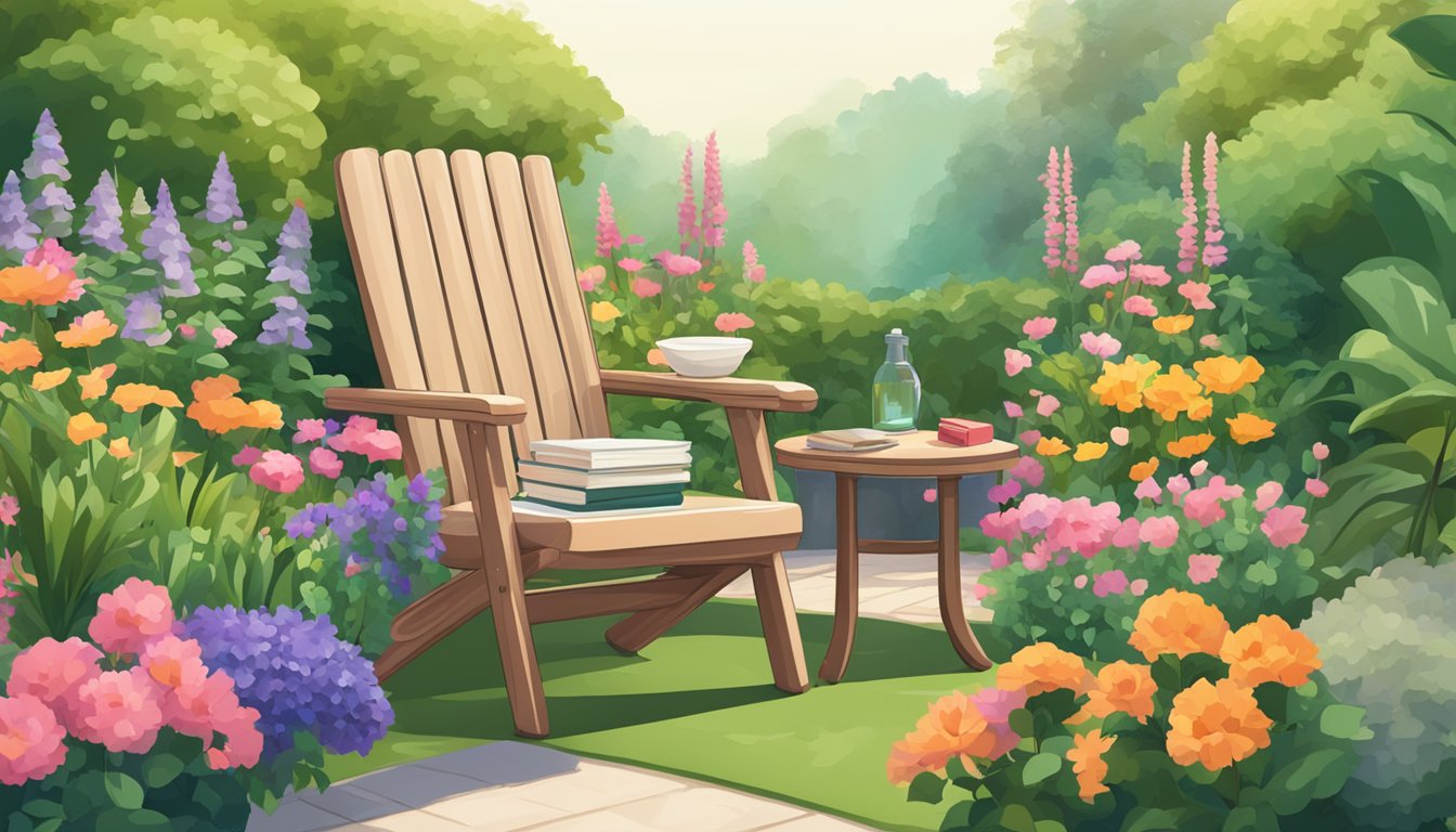 A garden chair set surrounded by lush greenery and colorful flowers, with a small table and a stack of neatly arranged FAQ pamphlets