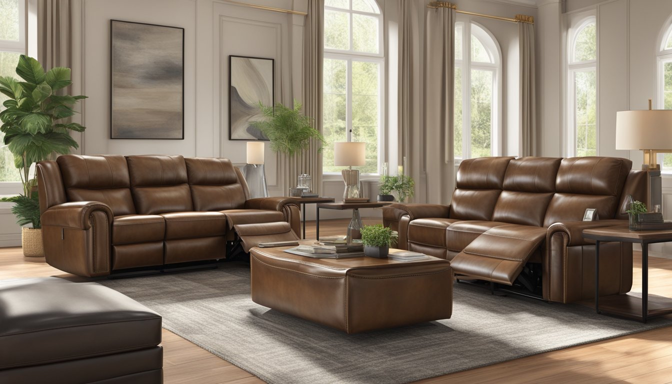A leather reclining sofa stands in a spacious living room, bathed in warm natural light. Its sleek, elegant design exudes comfort and luxury, inviting relaxation and leisure