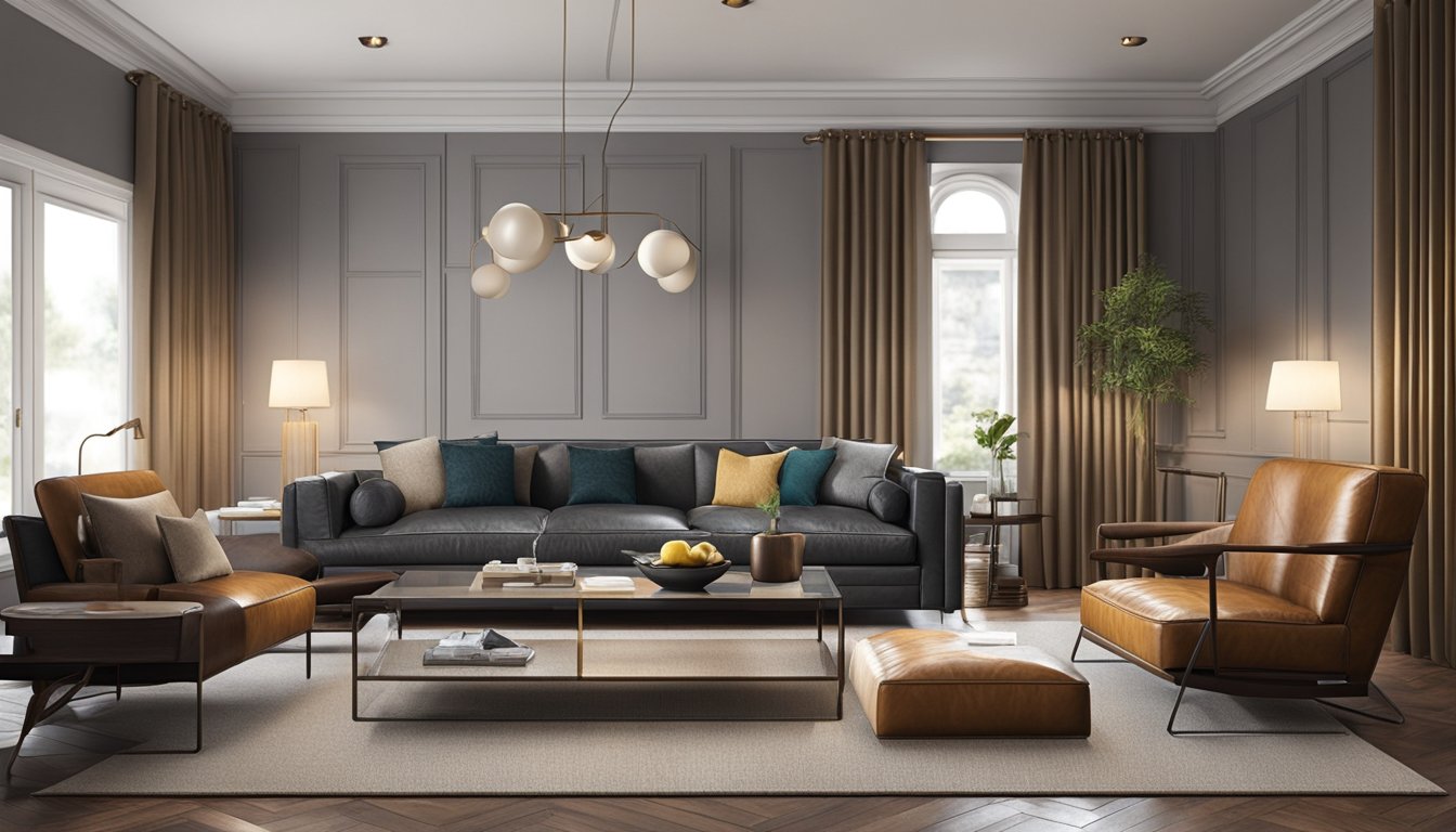 A cozy living room with a leather sofa next to a fabric sofa, showcasing the contrast between the two materials. The leather sofa exudes elegance and sophistication, while the fabric sofa offers a more casual and comfortable vibe