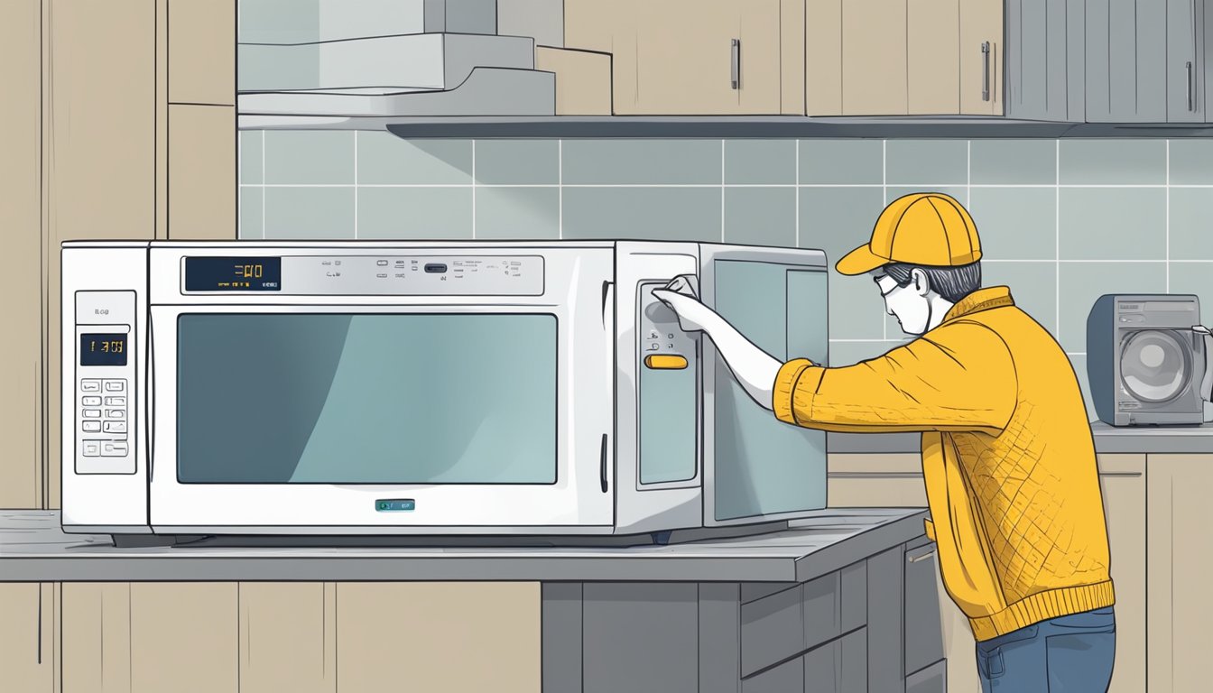 A person measures a microwave's dimensions with a tape measure while searching for frequently asked questions