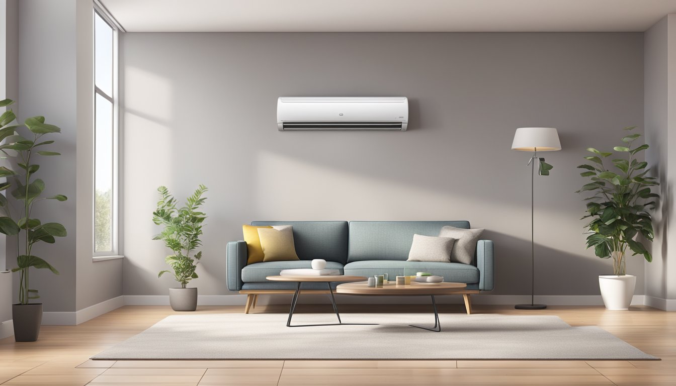 A modern, sleek LG air conditioner unit in a spacious, well-lit room with a digital display showing temperature settings and energy efficiency ratings