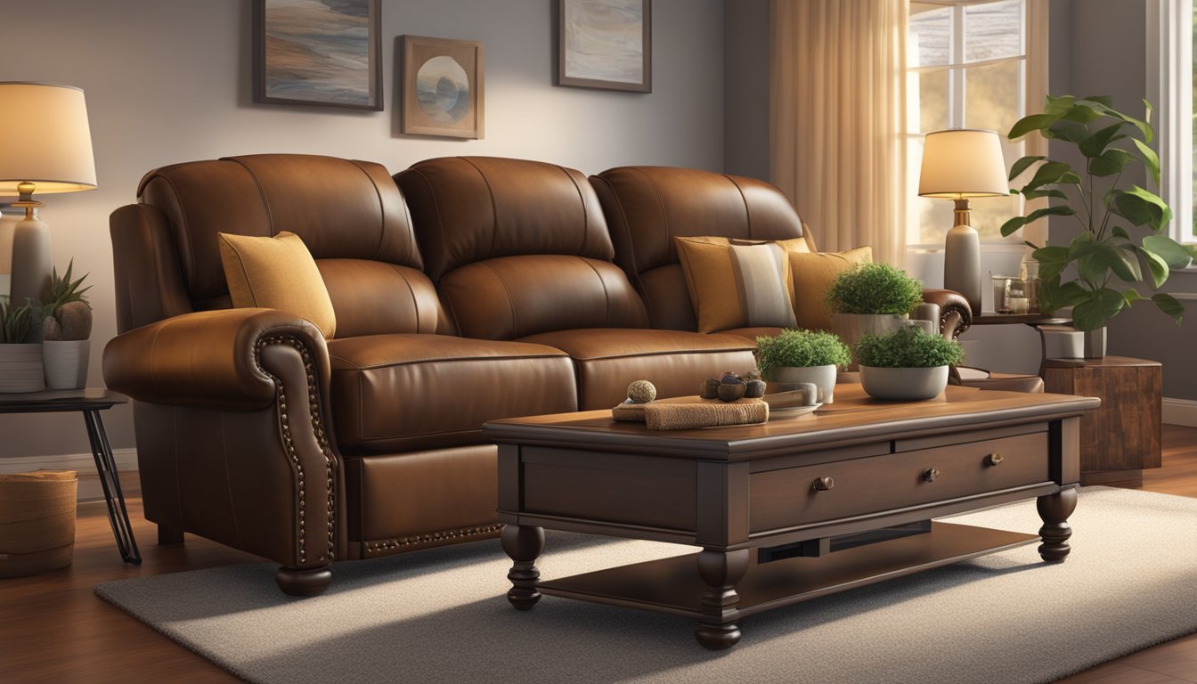 A leather reclining sofa with plush cushions and adjustable headrests, surrounded by a warm and inviting living room with soft lighting and a cozy throw blanket