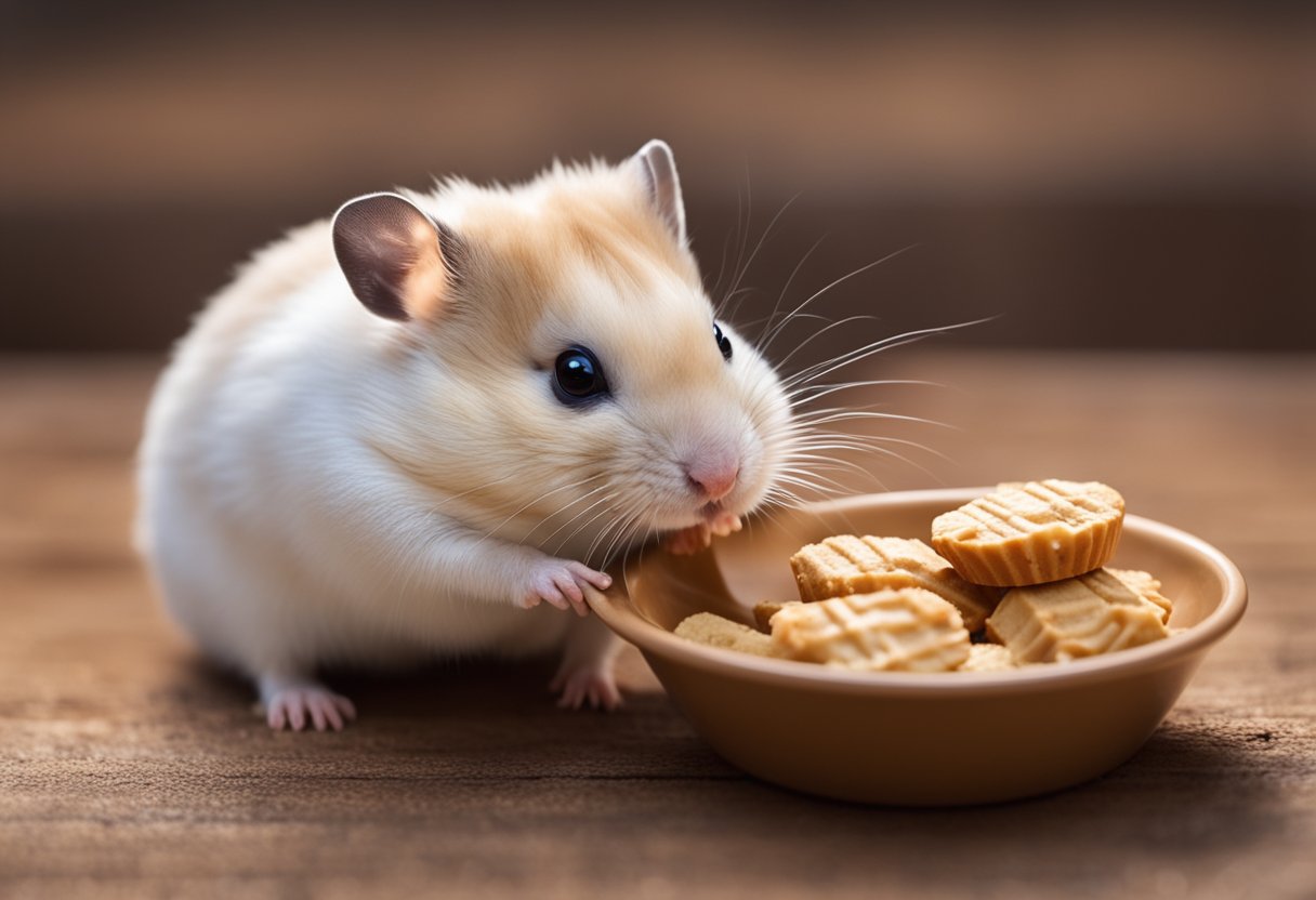 A hamster sniffs a dollop of peanut butter on a tiny plate