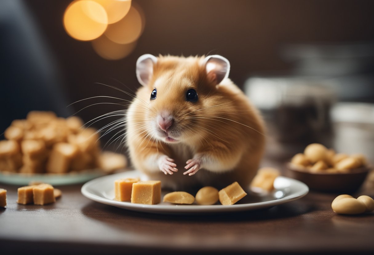 A hamster sits in a cage with a small dollop of peanut butter on a plate, while a hand holds a bag of hamster food nearby