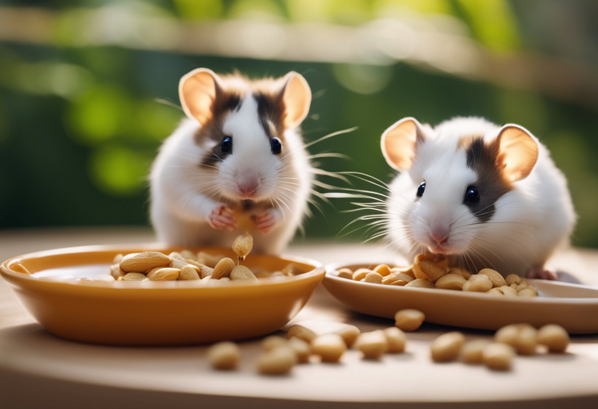 A small spoon spreads peanut butter on a dish. Two hamsters eagerly approach, sniffing the sweet scent