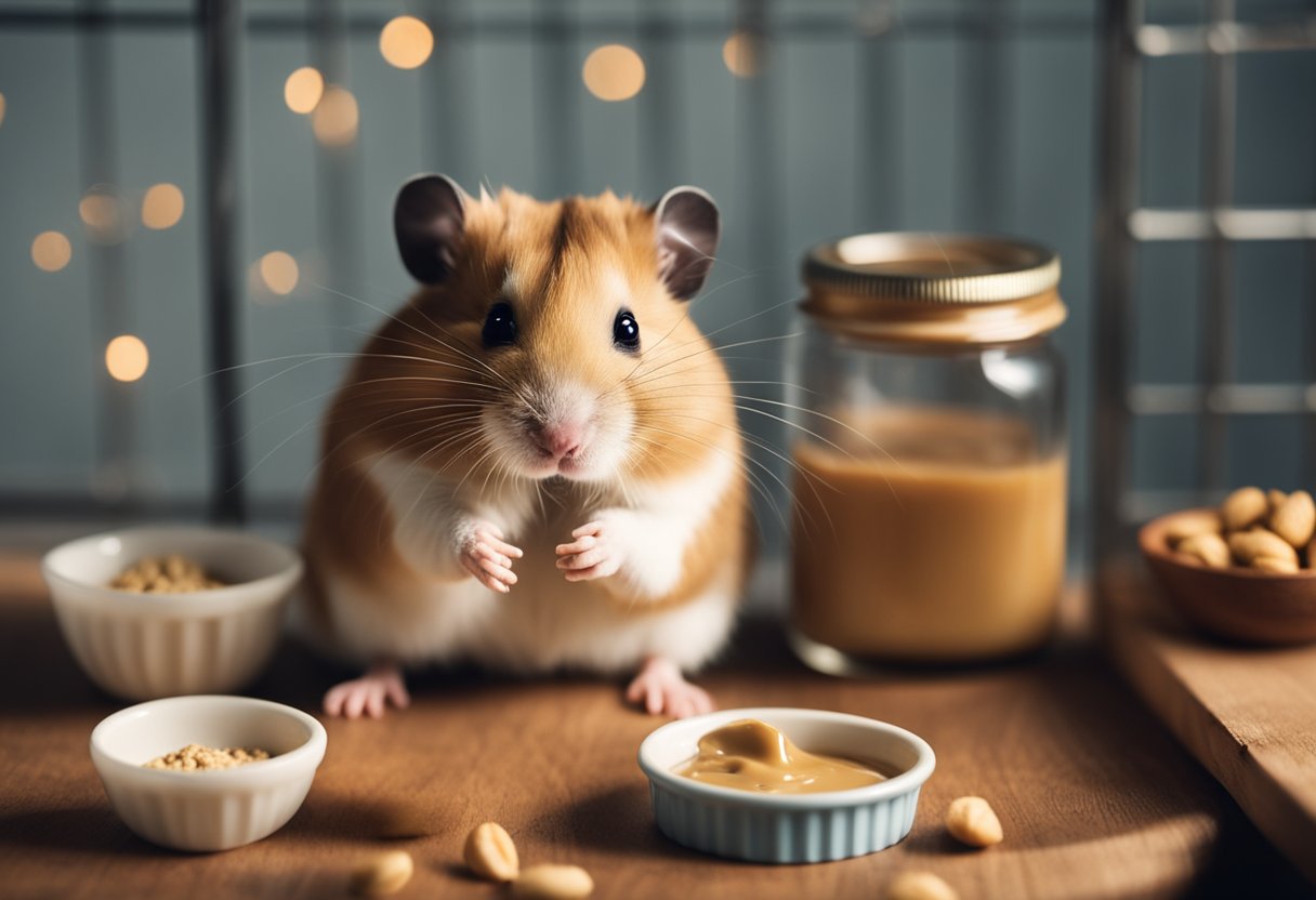 A hamster sits in its cage, sniffing a dollop of peanut butter on a small plate