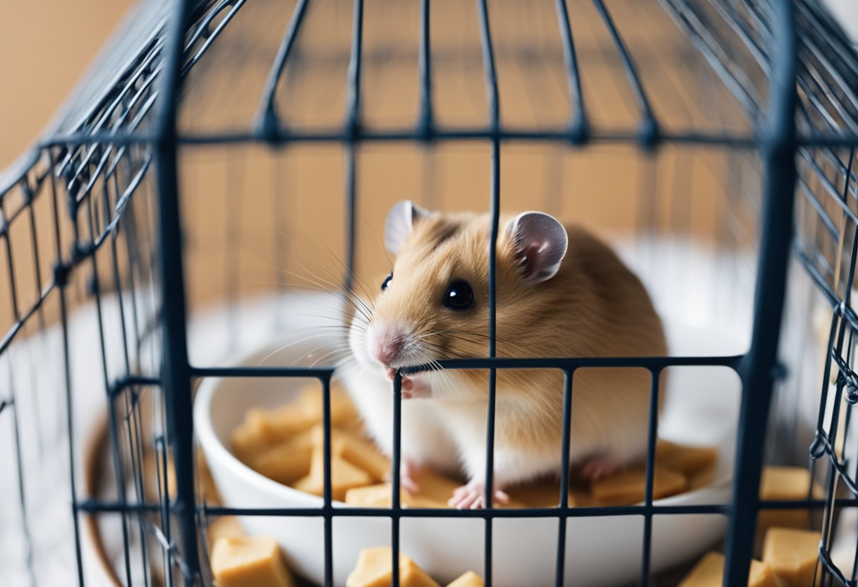 A hamster sits in a cage, sniffing a dollop of peanut butter on a small plate. A sign above reads "Frequently Asked Questions: Can hamsters have peanut butter?"