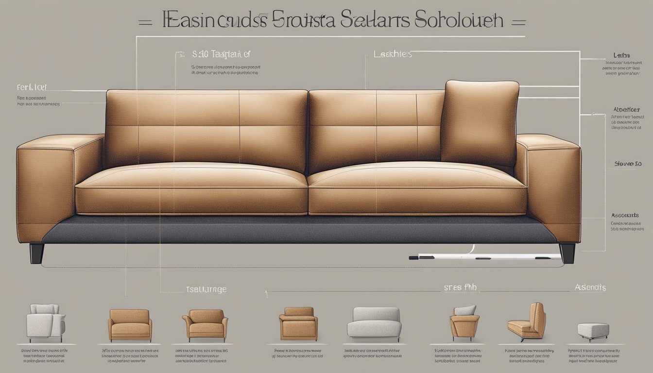 A leather and fabric sofa side by side, with a list of advantages floating above them