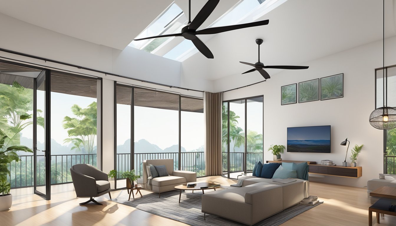 A sleek ceiling fan hangs from a high ceiling in a modern Singaporean home, casting a gentle breeze across the room