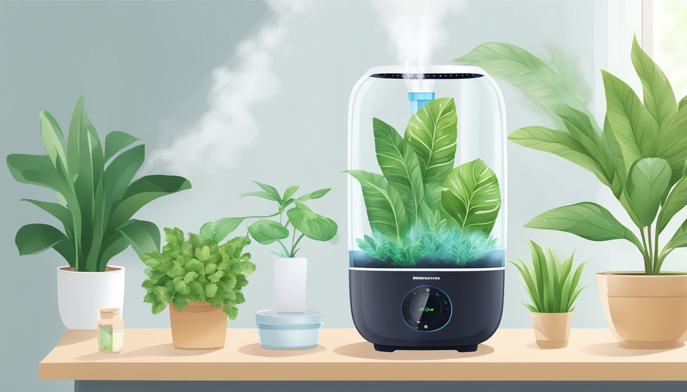 A humidifier and air purifier emit clean, moist air. Plants thrive, dust settles, and allergies lessen