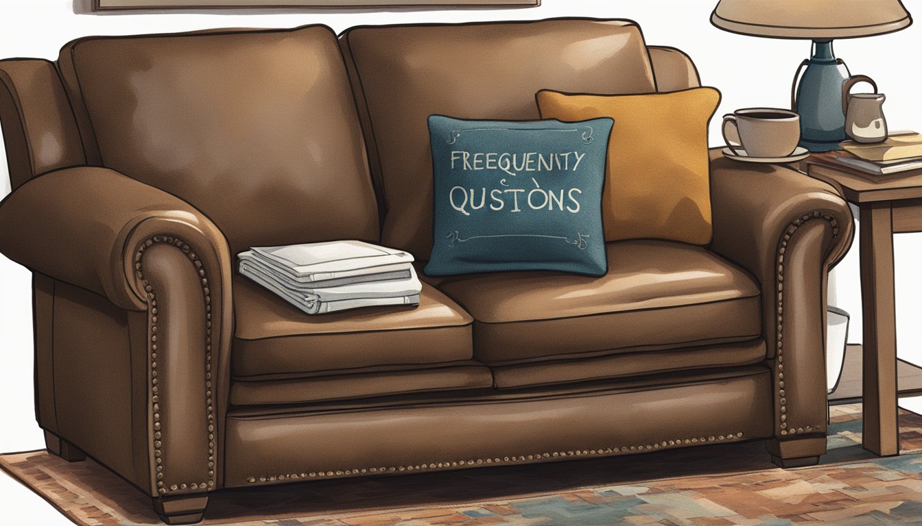 A leather reclining sofa with a "Frequently Asked Questions" pamphlet resting on the armrest, surrounded by cozy throw pillows and a warm blanket