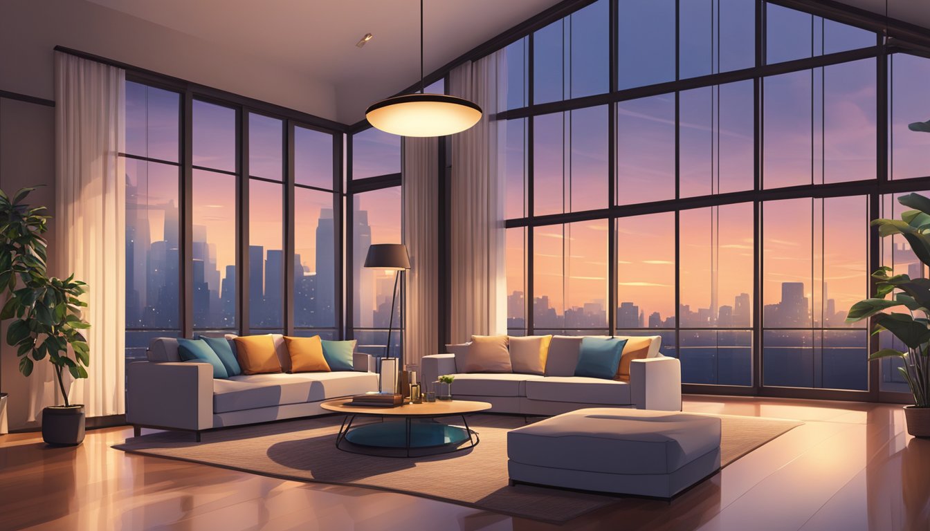 A modern living room with a sleek ceiling fan, surrounded by comfortable furniture and soft lighting. Windows show a cityscape at dusk