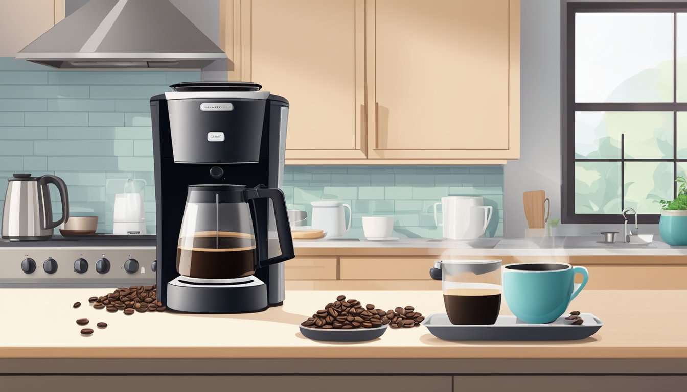 A modern coffee maker sits on a clean kitchen counter in a Singaporean home, surrounded by freshly roasted coffee beans and a steaming cup of coffee