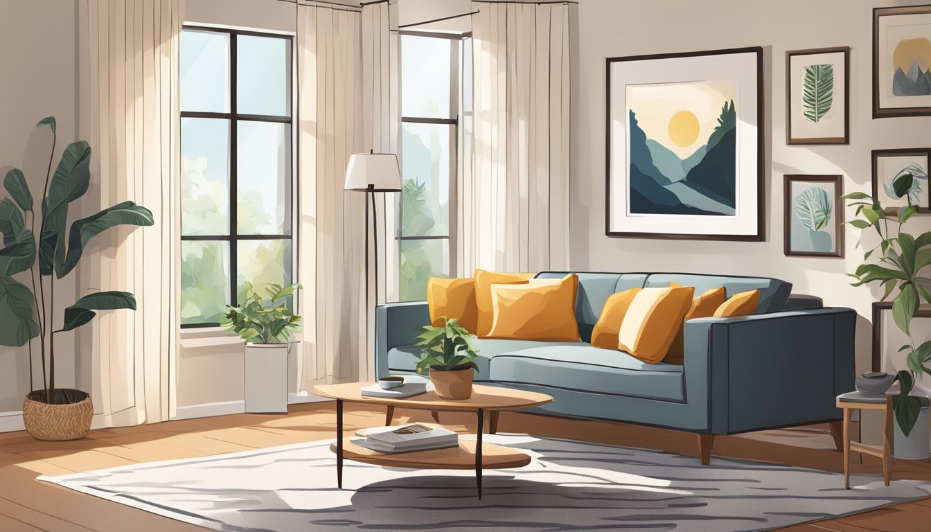 A cozy living room with a modern sofa, coffee table, and wall art. Bright natural light filters in through the window, illuminating the inviting space