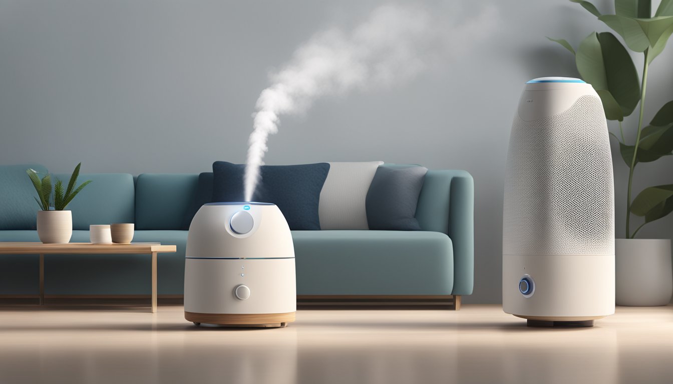 A humidifier and air purifier sit side by side, emitting clean, moist air. A subtle glow emanates from the devices, creating a sense of calm and purity in the room