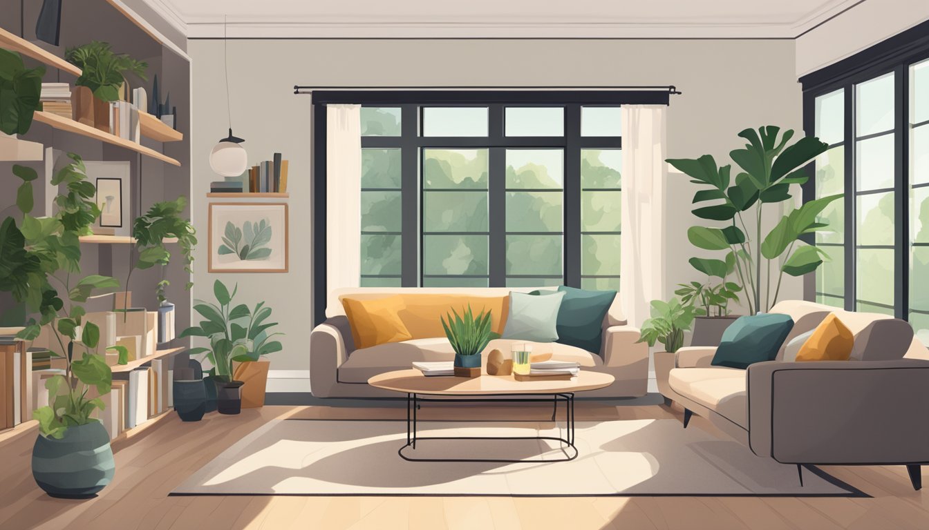 A cozy living room with a modern sofa, coffee table, and bookshelf. A large window lets in natural light, and a potted plant adds a touch of greenery