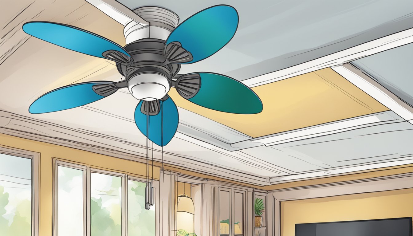 A ceiling fan spinning above a room with a review section on a Singaporean website
