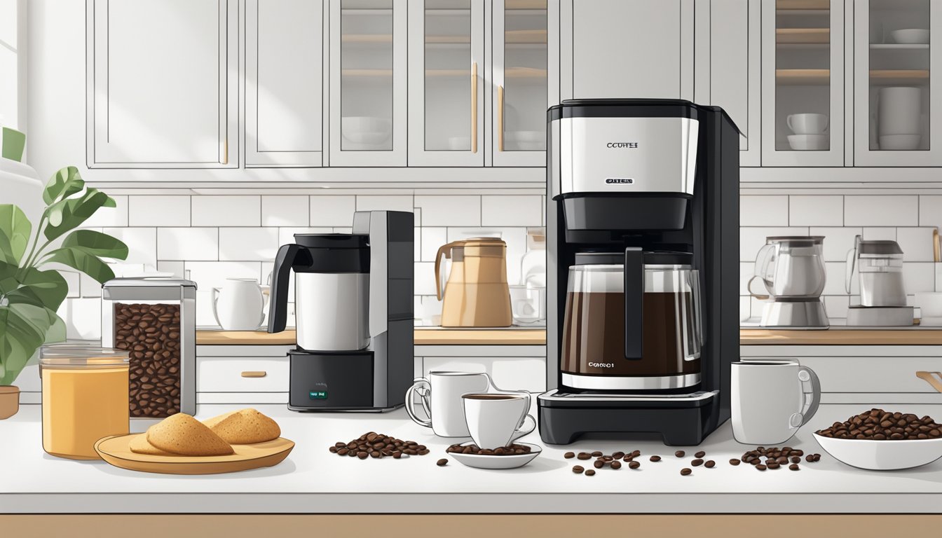 A sleek, modern coffee maker sits on a clean, minimalist countertop in a bright, airy kitchen. The machine is surrounded by bags of freshly ground coffee beans and neatly arranged mugs