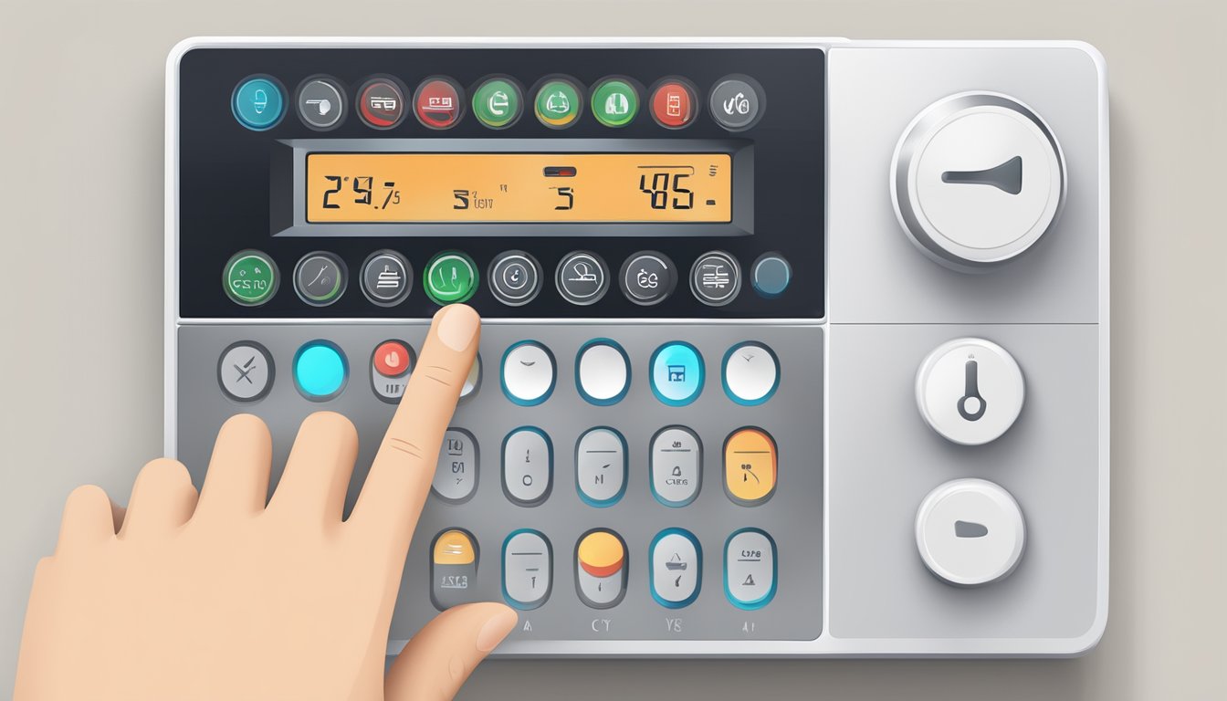 A hand adjusting Mitsubishi aircon mode symbols on a remote control, with different mode icons displayed on the air conditioner unit