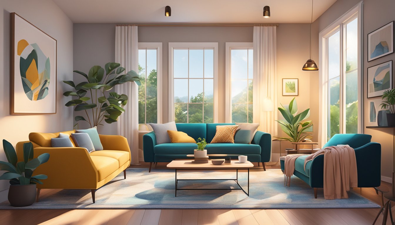 A cozy living room with modern furniture, soft lighting, and vibrant decor from online stores