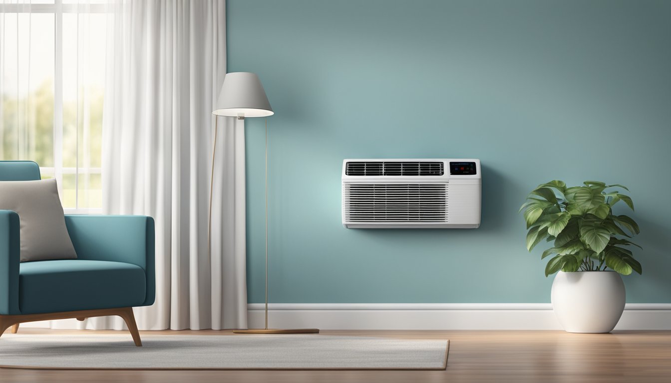 An air conditioning unit hums quietly, cool air flowing through its vents, while the thermostat displays a comfortable temperature