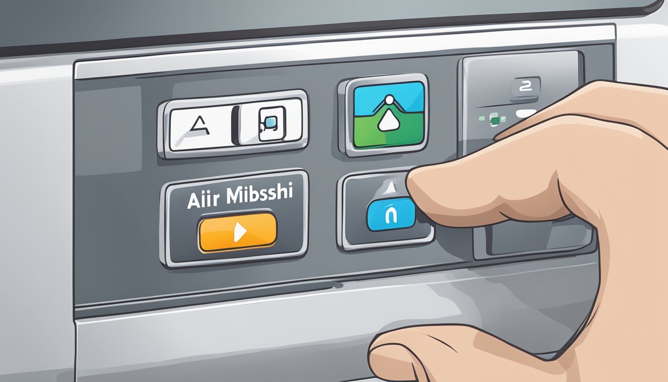 A hand presses the mode button on a Mitsubishi aircon remote, selecting from various mode symbols displayed on the screen