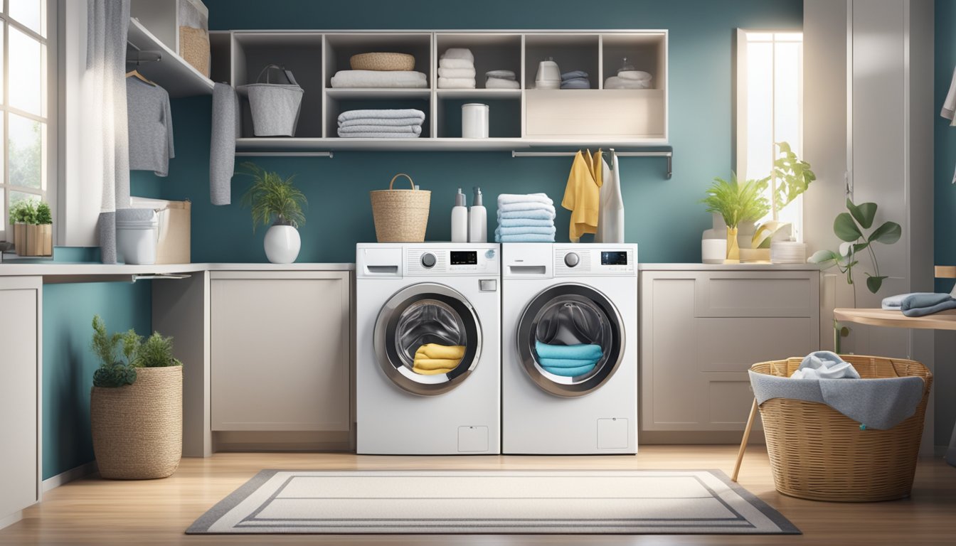 A shiny top load washing machine, agitating clothes with water and detergent, surrounded by laundry baskets and a clean, organized laundry room