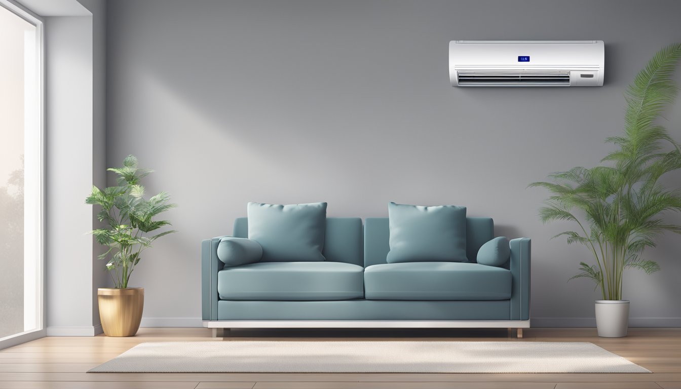 A modern air con unit with a digital display, vents, and a remote control, placed in a clean and well-lit room