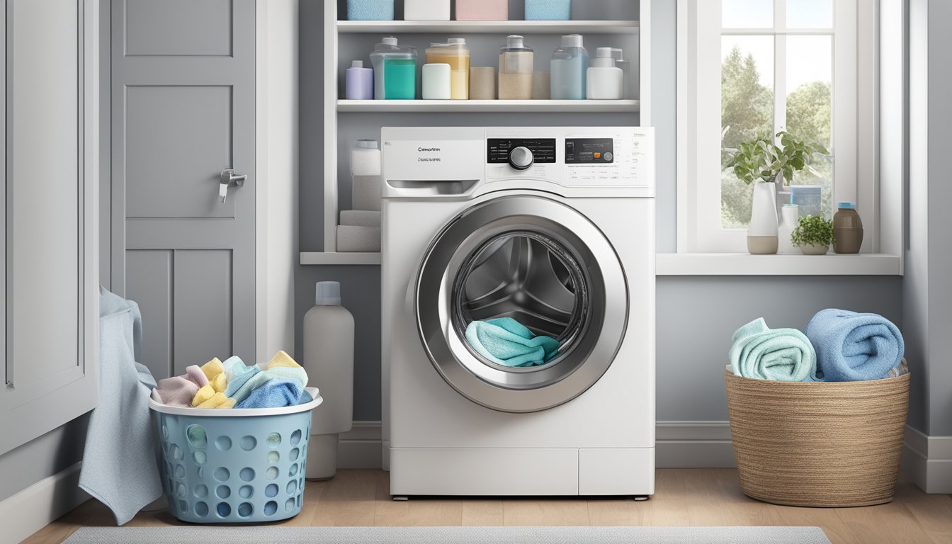 A top load washing machine stands against a white wall, surrounded by various laundry detergents and fabric softeners. The machine's lid is open, revealing a stainless steel drum and control panel