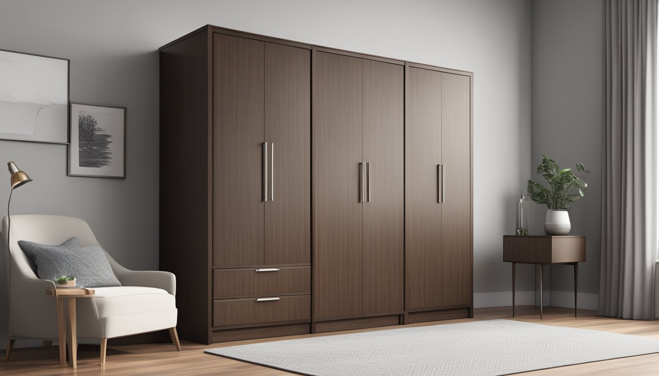 A 3-door wardrobe stands against a plain wall, with each door featuring a simple, sleek design. The wardrobe is made of dark wood and has silver handles