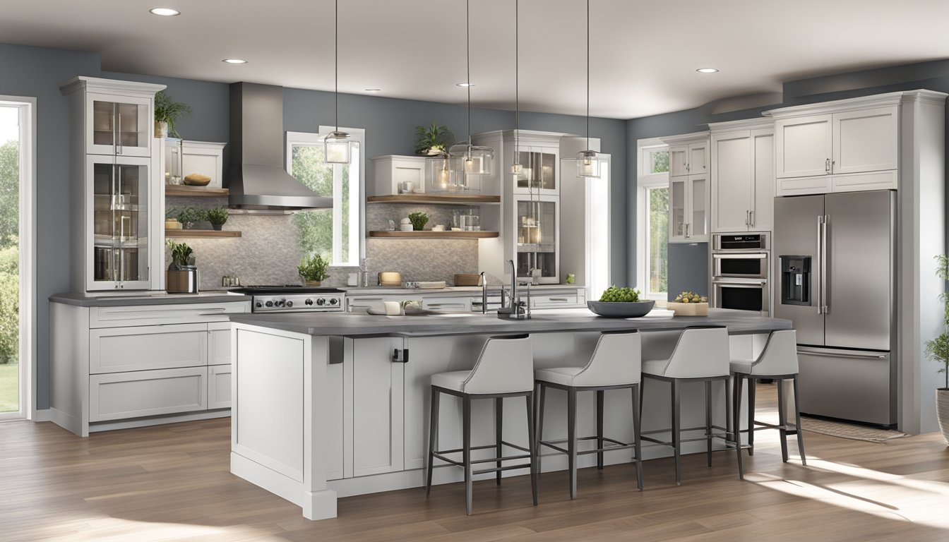 A spacious kitchen with custom cabinets, featuring precise dimensions and sleek design. Appliances neatly integrated for a modern, functional layout
