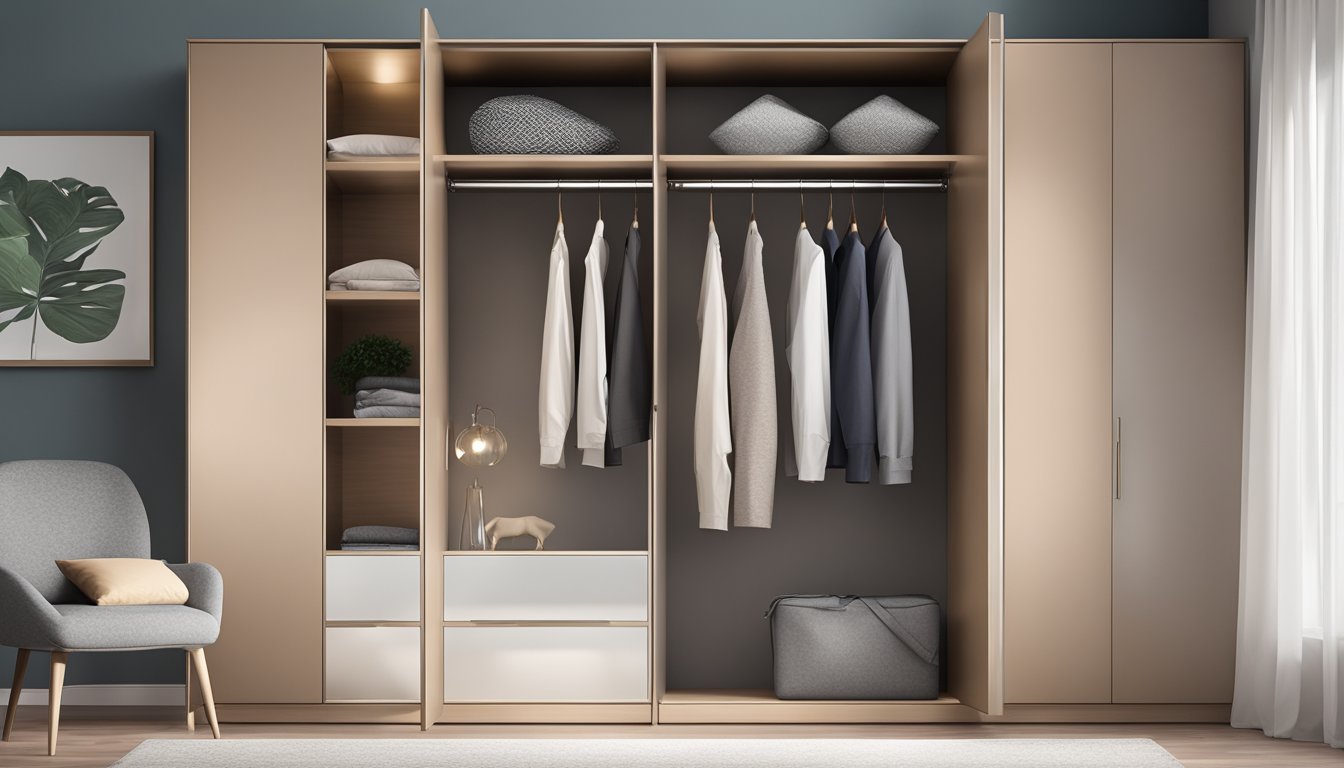A modern 3-door wardrobe with sleek handles and a mirrored door, set against a minimalist backdrop with soft lighting