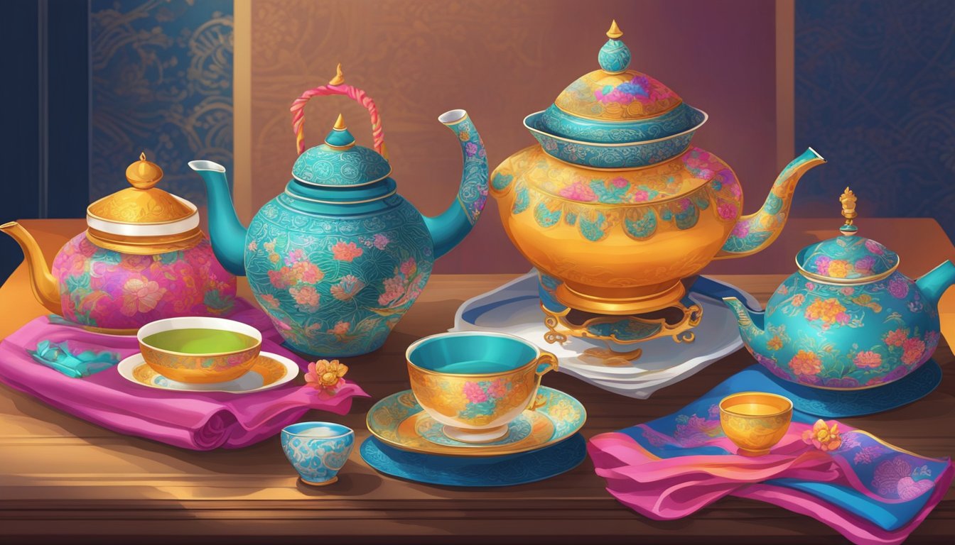 A table adorned with traditional Nanyang gifts: delicate teapots, intricate fans, and colorful silk scarves. Oriental motifs and vibrant colors fill the space