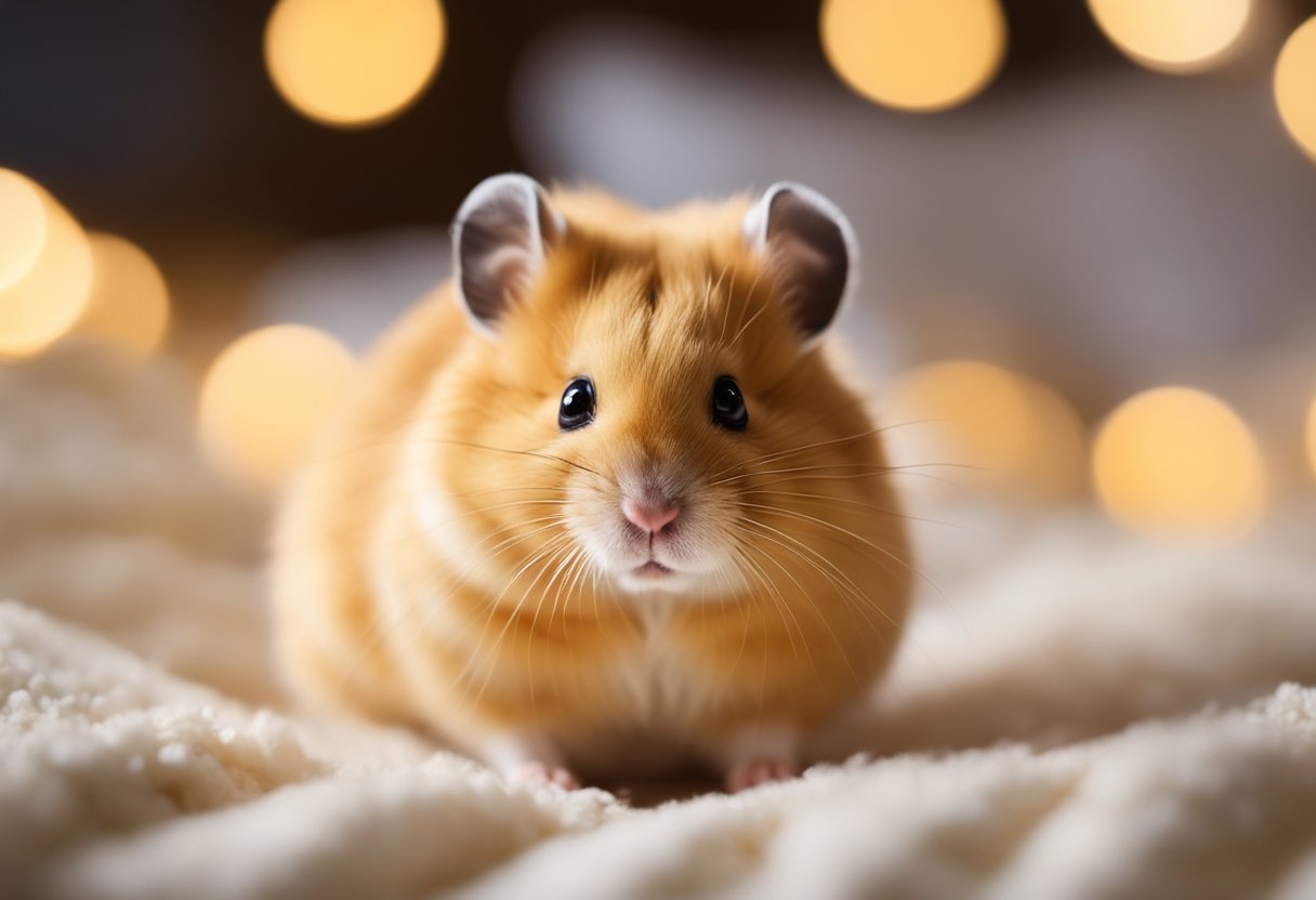 A plump, golden hamster sits on a bed of fluffy bedding, its small black eyes twinkling with curiosity as it eagerly sniffs the air