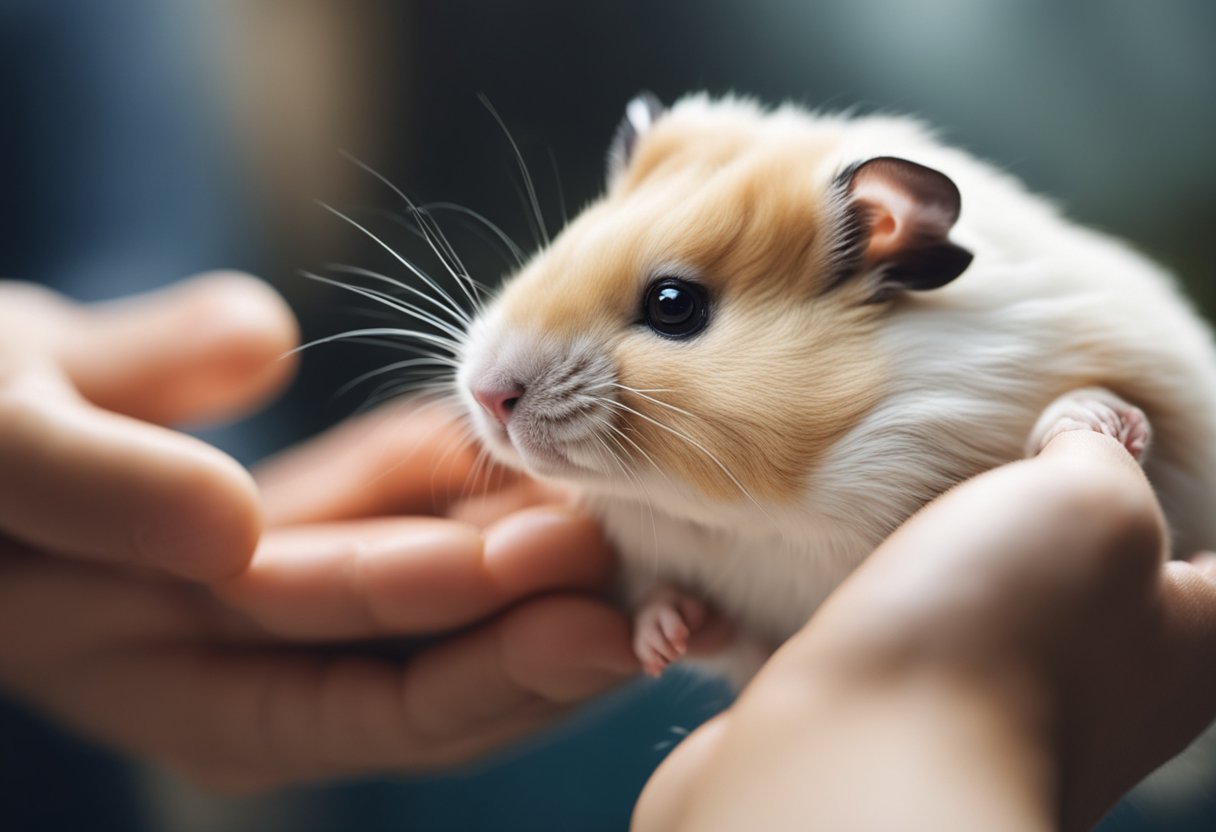 A fluffy hamster with a gentle expression, approaching a human hand with curiosity and trust