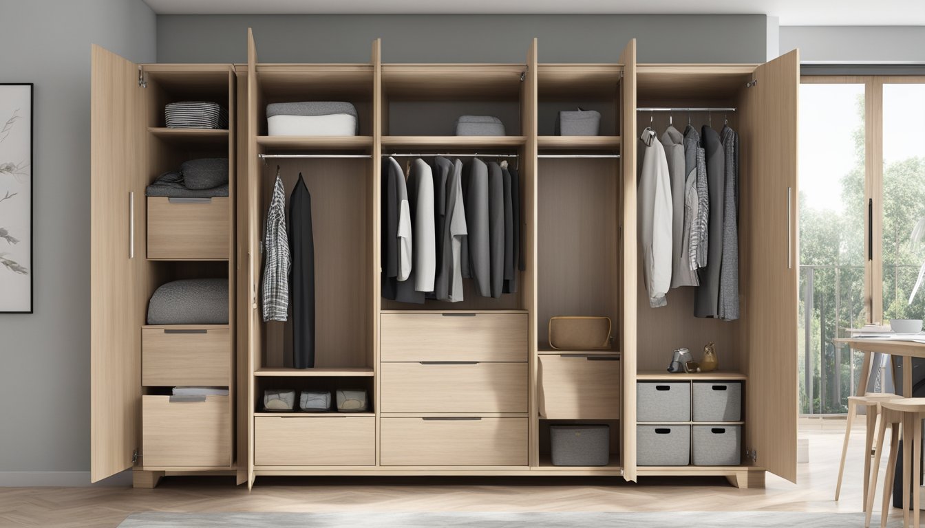A 3-door wardrobe with shelves, drawers, and hanging space. Clean lines and modern design. Light wood finish with silver handles. Dimensions: 150cm x 200cm