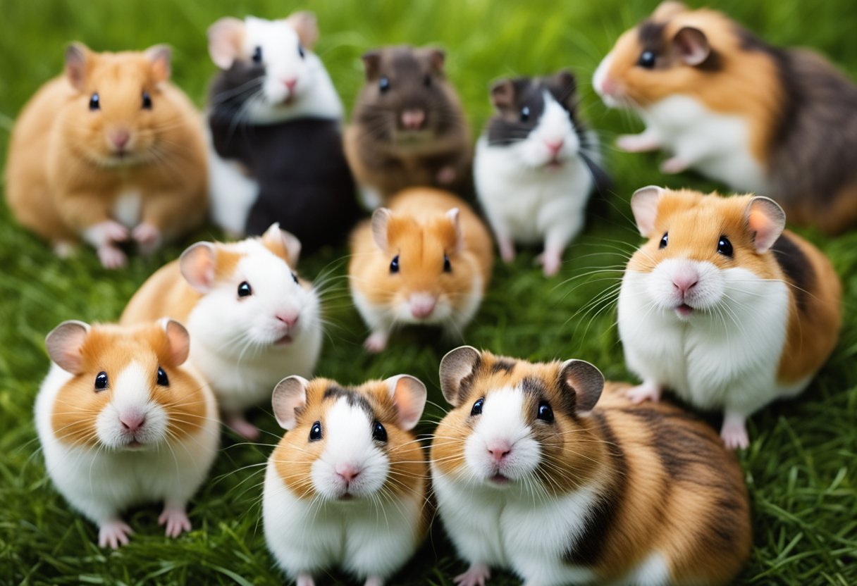 A group of hamsters of different breeds gathered together, each displaying their unique characteristics through their fur color, size, and behavior