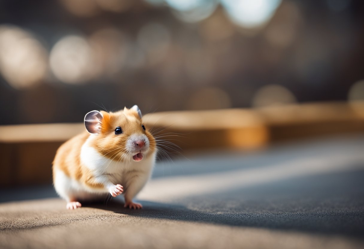 A small hamster with a bright, curious expression, standing on its hind legs with its paws outstretched towards the viewer, as if eagerly seeking attention and affection