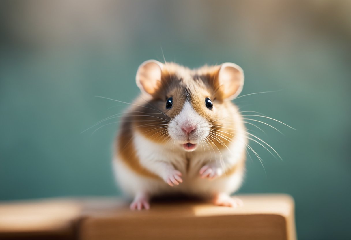 A cute hamster with a friendly smile, standing on its hind legs, looking directly at the viewer with a curious and approachable expression