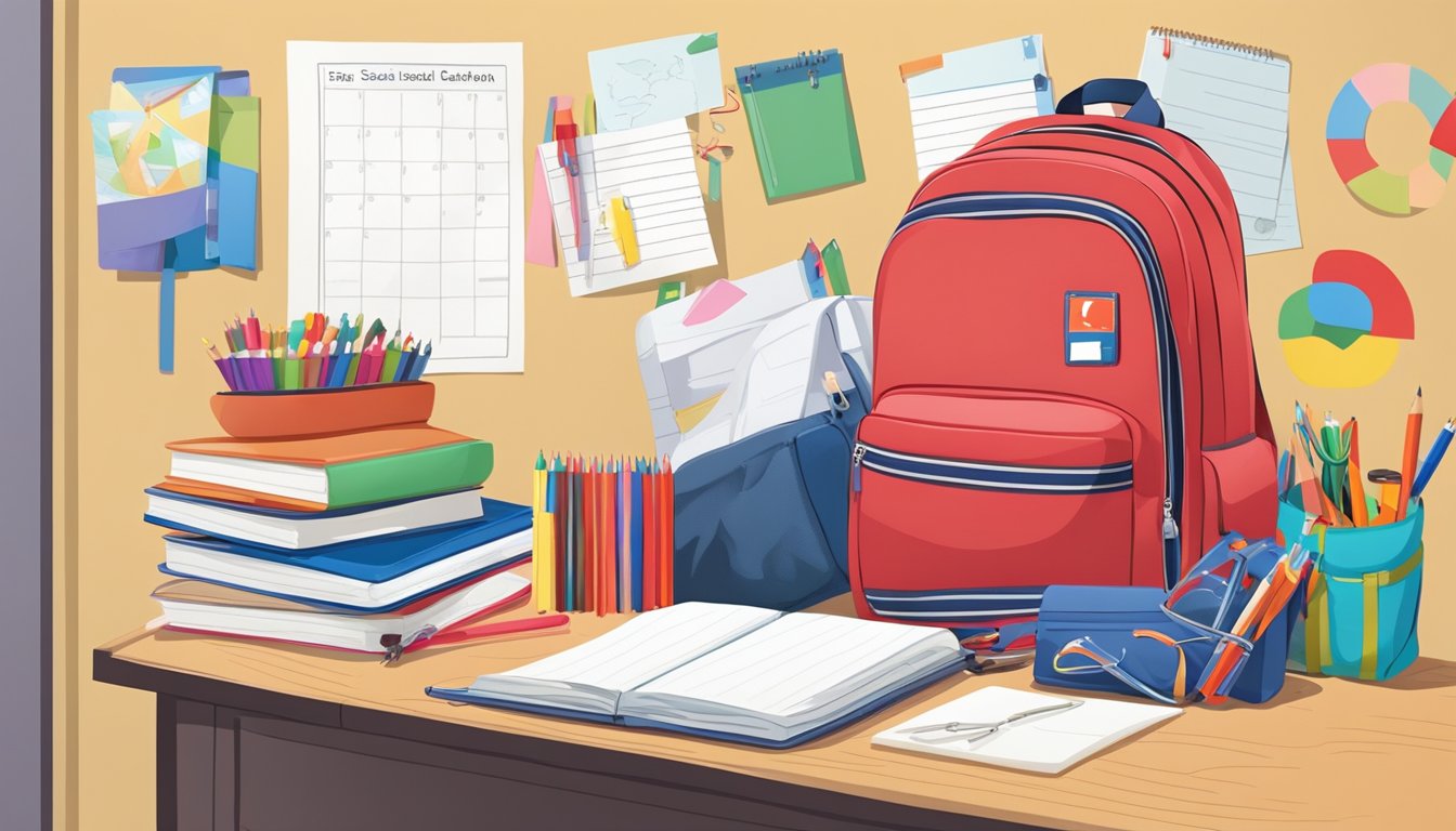 A child's backpack and school supplies neatly arranged on a desk, with a Singapore secondary school uniform hanging nearby. A calendar shows the first day of school circled in red