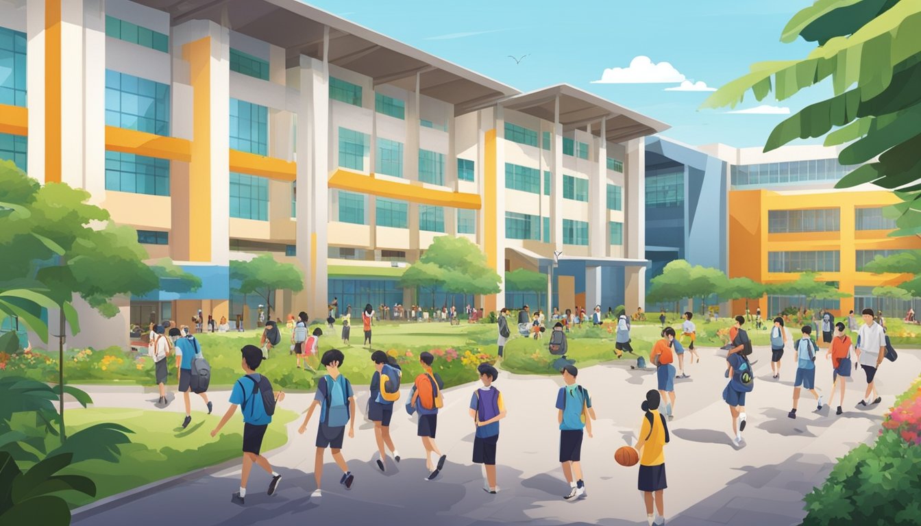 A bustling secondary school campus in Singapore, with students engaging in various activities like studying, playing sports, and socializing. The school buildings are modern and well-maintained, with vibrant greenery and colorful banners decorating the surroundings