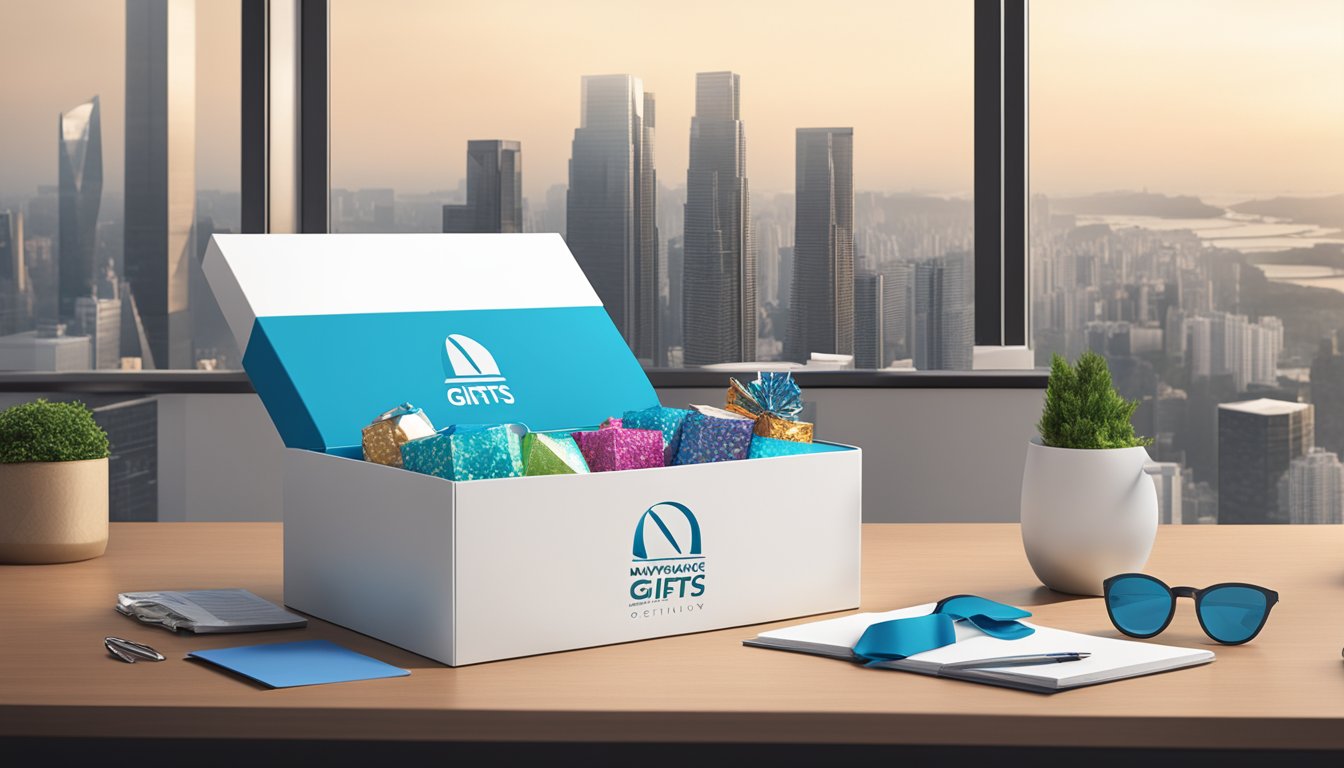 A sleek corporate gift box with Nanyang Gifts logo, filled with luxury items, sits on a modern desk with a city skyline in the background