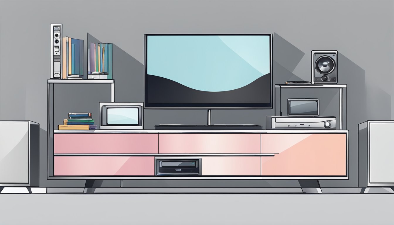 The TV console is positioned at eye level, with a sleek, modern design and a glossy finish. The console is surrounded by various electronic devices and cables