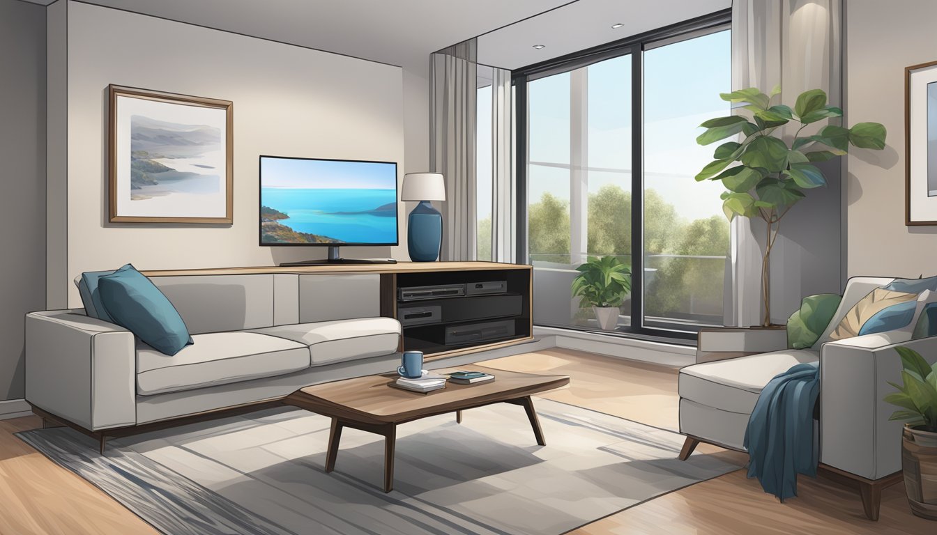 A TV console is positioned at eye level for comfortable viewing, with ample space for electronic devices and cables