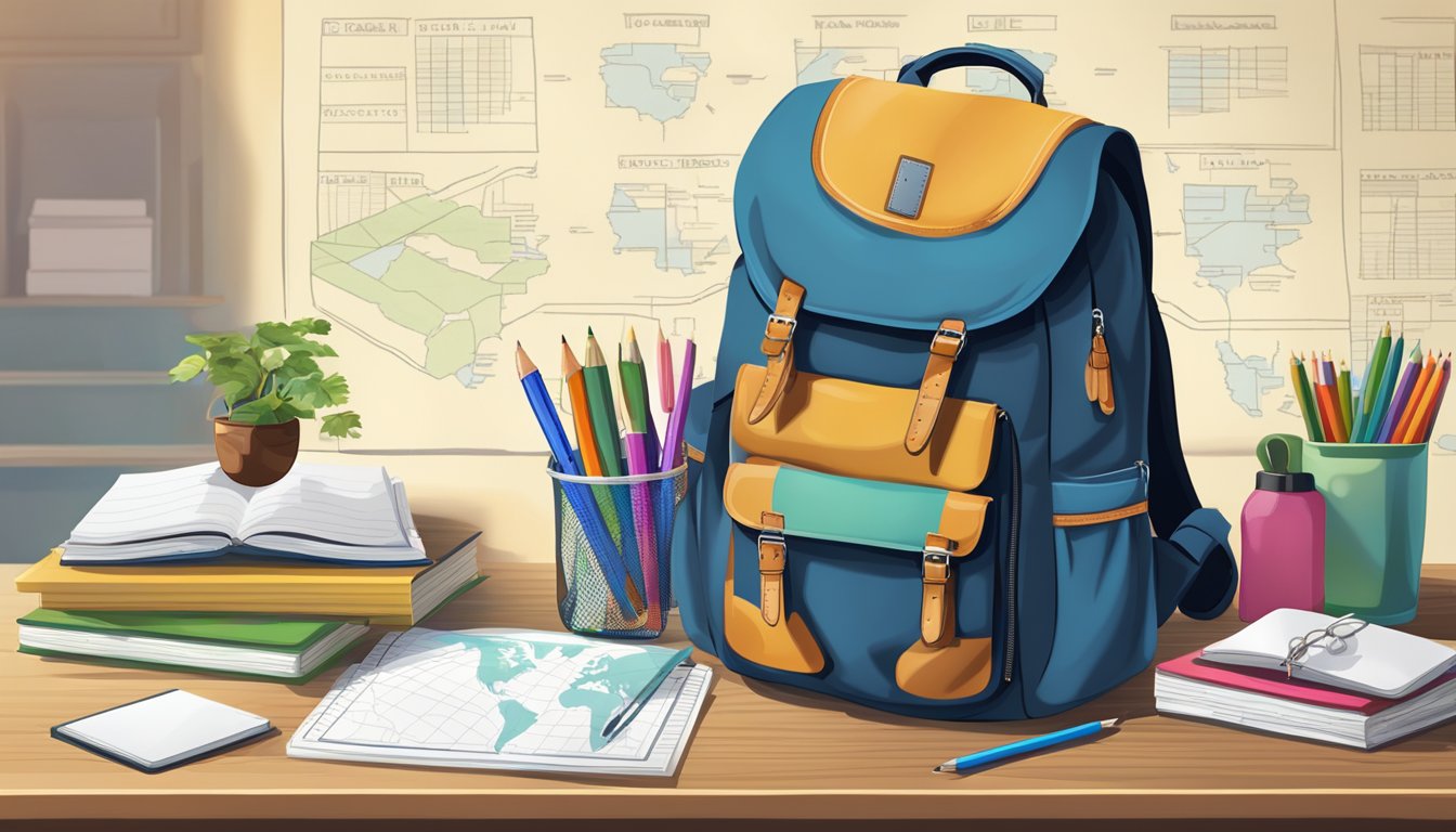 A student's backpack and school supplies laid out on a desk, with a timetable and a map of the school in the background