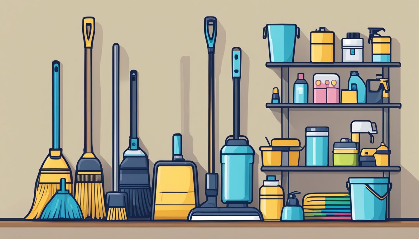 Cleaning equipment arranged neatly on a shelf. Brooms, mops, buckets, and spray bottles. A vacuum cleaner and duster nearby