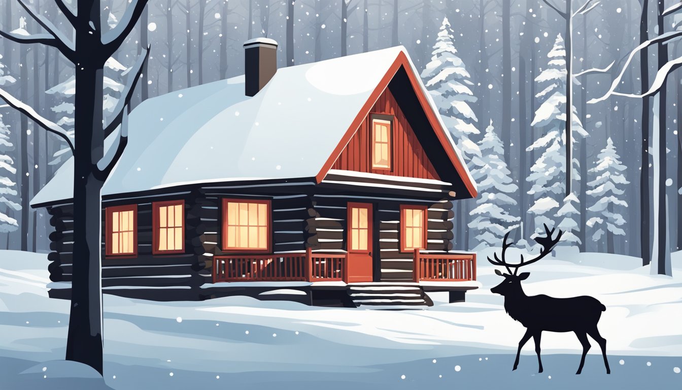 A cozy log cabin nestled in a snowy forest, with a traditional red and white Scandinavian design. A reindeer grazes peacefully nearby