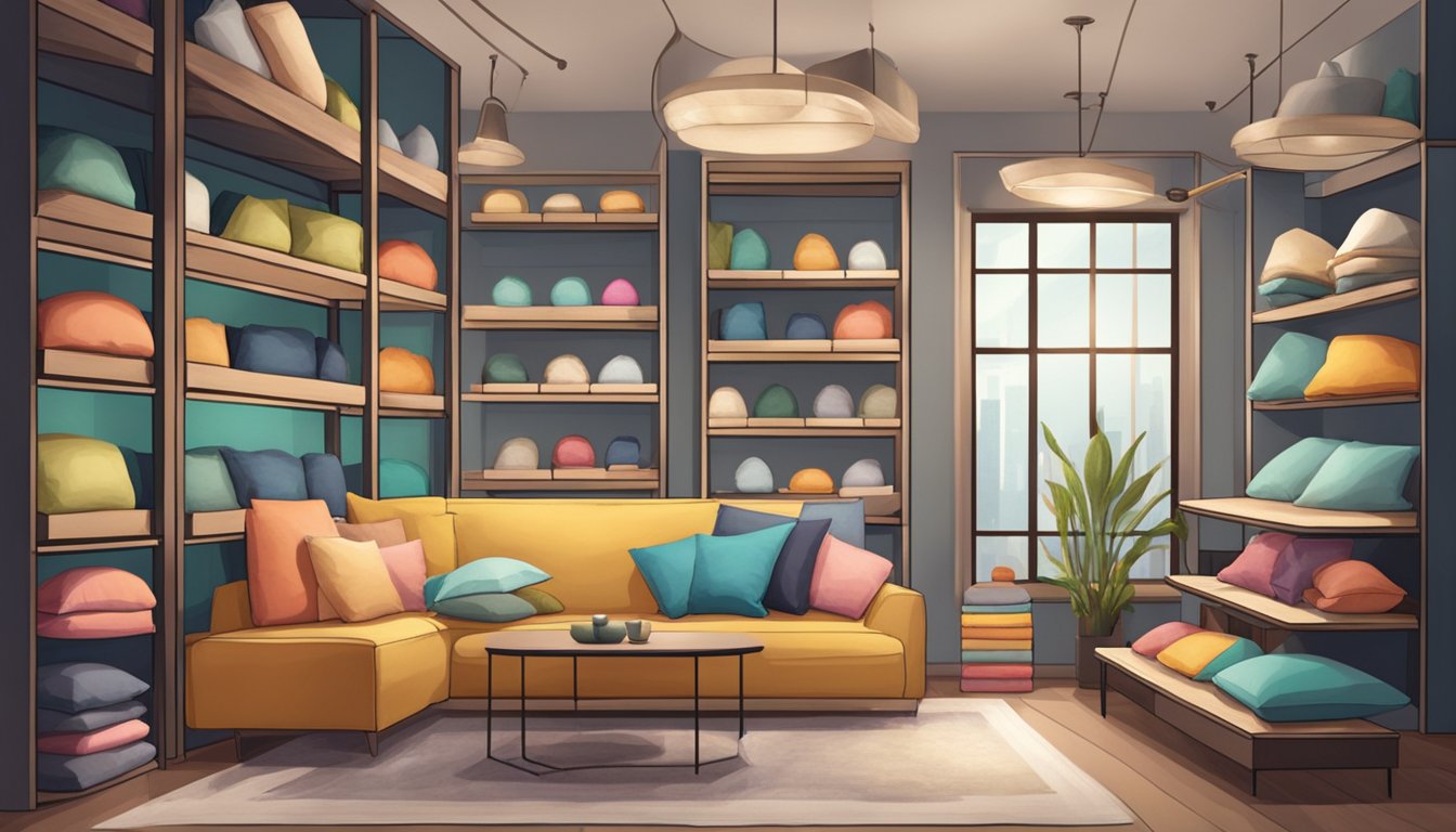 A cozy home decor store with shelves of colorful pillows and a display of various pillow styles in Singapore