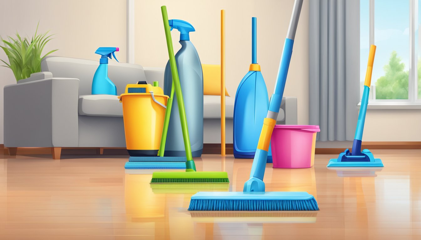 Various cleaning equipment arranged neatly: broom, mop, vacuum, duster, bucket, and spray bottle. Brightly colored and clean surroundings